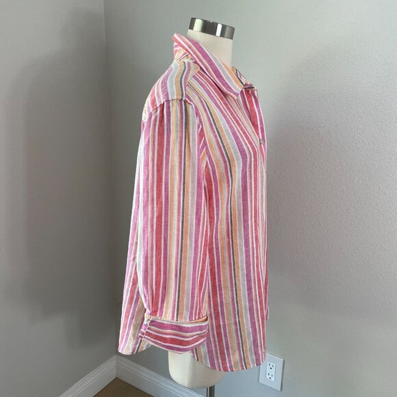 Chicos Womens 16 Pink Orange Striped 100% Linen Button Up Shirt Long Sleeve Top - Picture 4 of 12